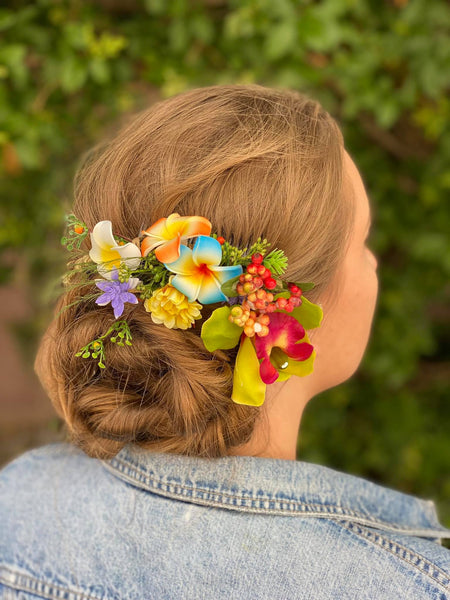 Exotic flower hair comb Plumeria tropical wedding headpiece Colourful summer comb Hawaii hair flowers Bride to be Magaela customisable comb