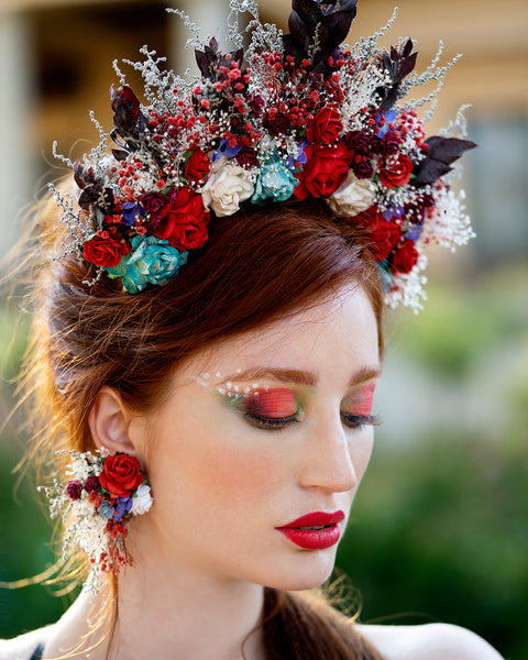 Flower HEADBAND and EARRINGS Wedding headpiece Bridal flower crown Frida Kahlo style Stud flower earrings Clip on jewellery Magaela