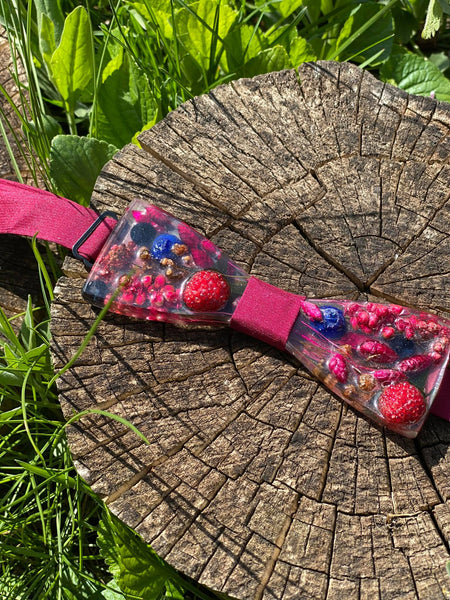Raspberry flower resin bow tie