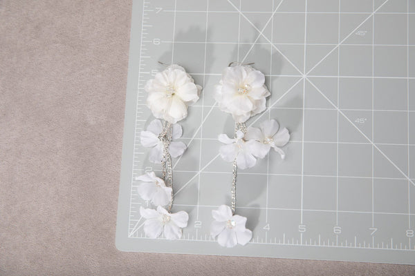 White boho bridal flower earrings