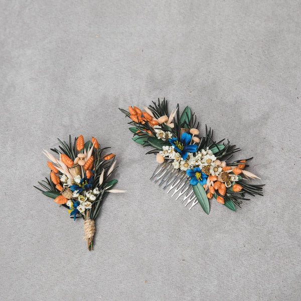 Natural flower set Bridal hair comb Boutonniere for groom Matching wedding accessories Orange and blue hair comb Rosemary and olive leaves