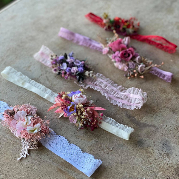 Romantic bridal garters Flexible elastic band Pink flower garters Toss garter for bride Red and Purple customisable garter Magaela