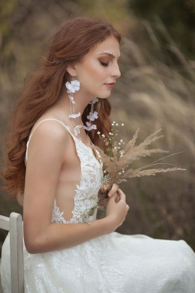 White boho bridal flower earrings