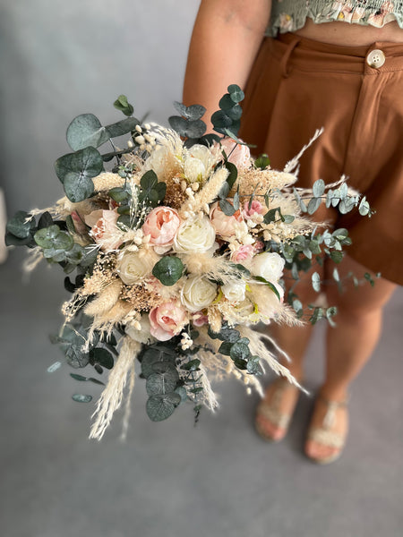 Boho peony and eucalyptus wedding bouquet