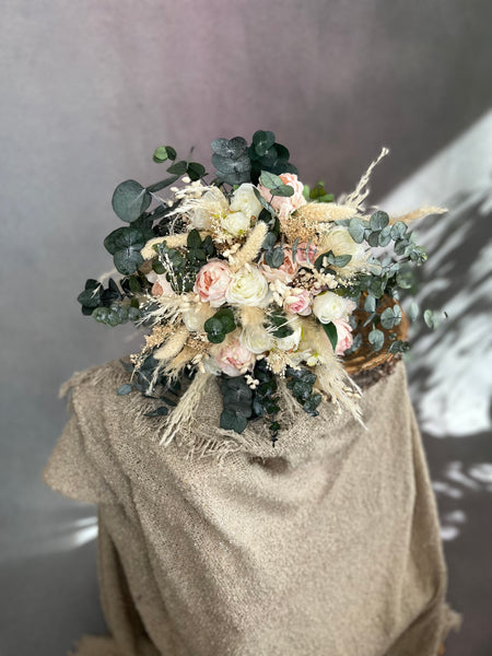 Boho peony and eucalyptus wedding bouquet