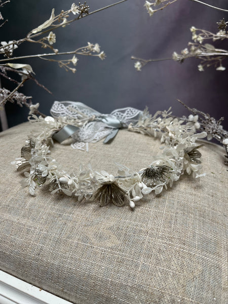 White flower hair wreath for bride with white lace and the back to tie
