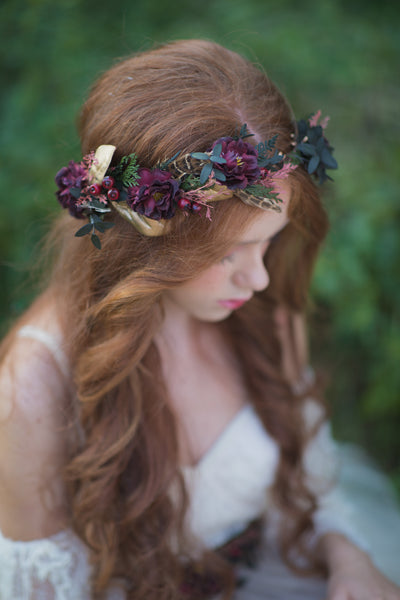 Autumn flower hair wreath Burgundy headpiece Fall wedding accessories Boho wedding hair crown Magaela Bride to be Greenery hair crown