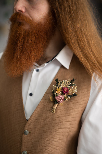 Dusty pink and burgundy boutonniere