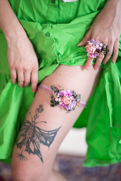 Romantic purple flower bridal garter
