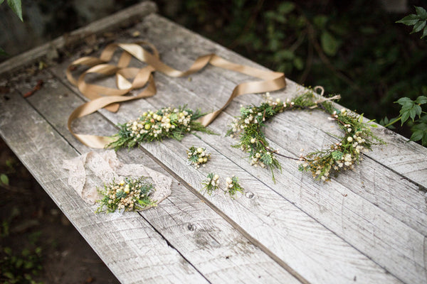 Greenery wedding set Bridal set Floral accessories Bridal accessories Grooms boutonniere Hair crown Floral belt Floral earrings  Ring