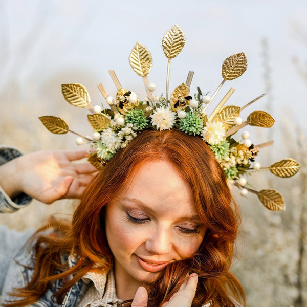 Golden flower halo crown Bees Bridal headpiece Natural green and white headband Met gala sun headpiece Handmade spike crown Beyonce Magaela