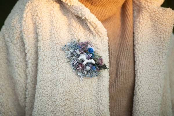 Flower brooch with polar bear Winter accessories photoshoot Wedding Gift for her Brooch for coat Flower jewellery Magaela Unique brooch
