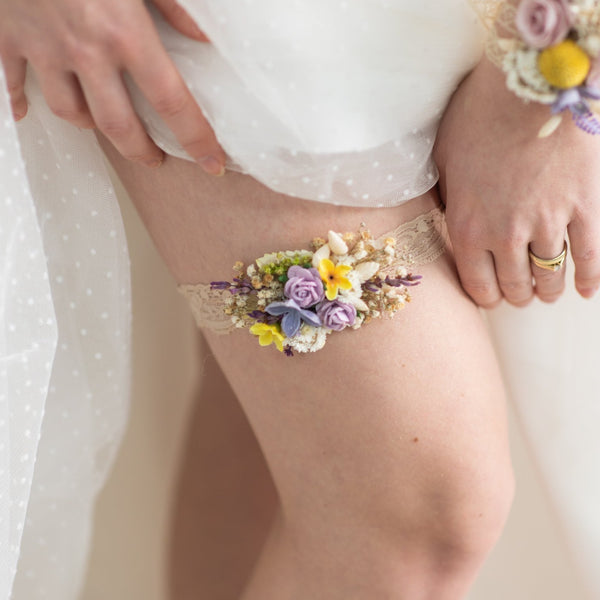 Purple flower garter for bride