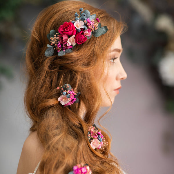 Pink flower hair comb and hairpins