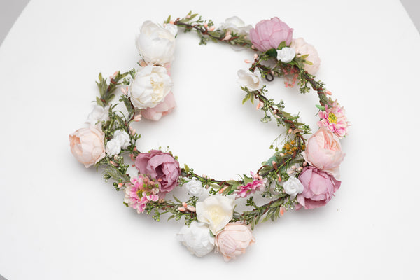 Romantic peony wedding hair garland Ivory pink peach flower headpiece Shapeable bridal flower garland Flexible Bendable wreath Magaela