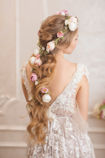 Romantic peony wedding hair garland Ivory pink peach flower headpiece Shapeable bridal flower garland Flexible Bendable wreath Magaela
