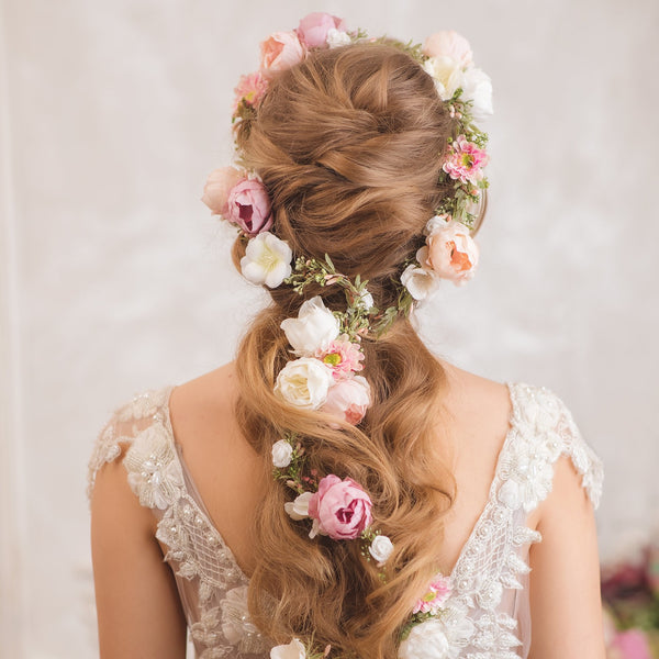 Romantic peony wedding hair garland 2021 Ivory pink peach flower headpiece Shapeable bridal flower garland Flexible Bendable wreath Magaela