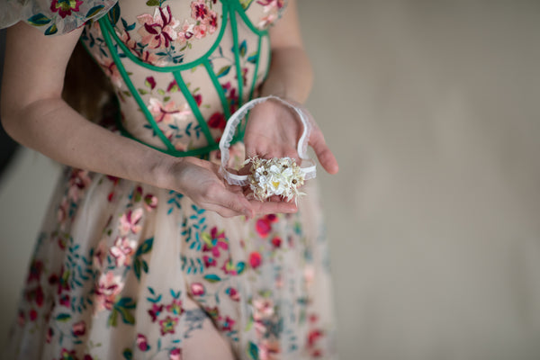 White and ivory wedding flower garter