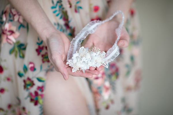 White and ivory bridal lace garter