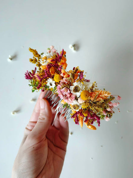 Orange and yellow dried flower hair comb