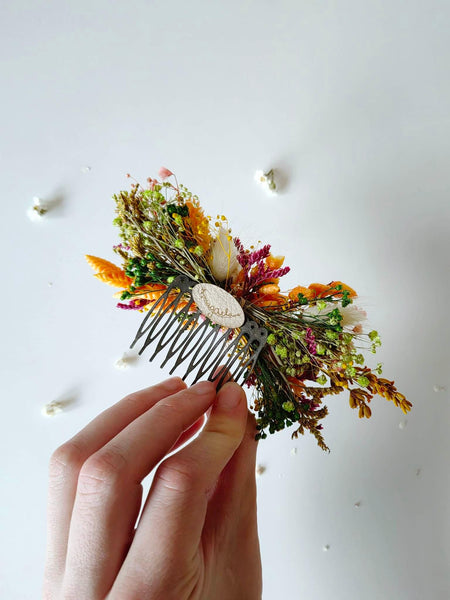 Orange and yellow dried flower hair comb
