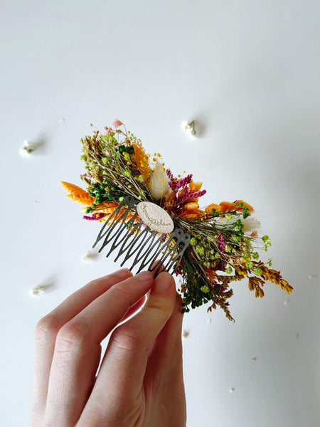 Orange and yellow dried flower hair comb