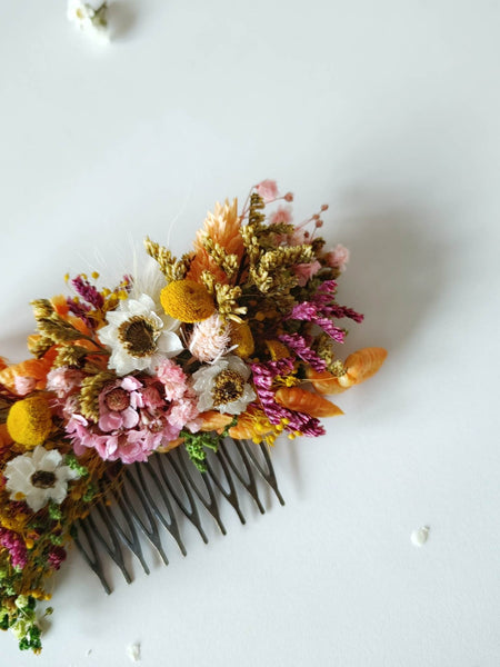 Orange and yellow dried flower hair comb