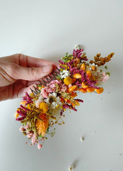 Orange and yellow dried flower hair comb