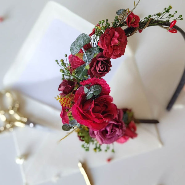 Dark red flower headband