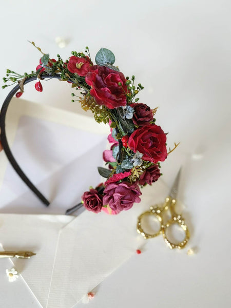 Dark red flower headband