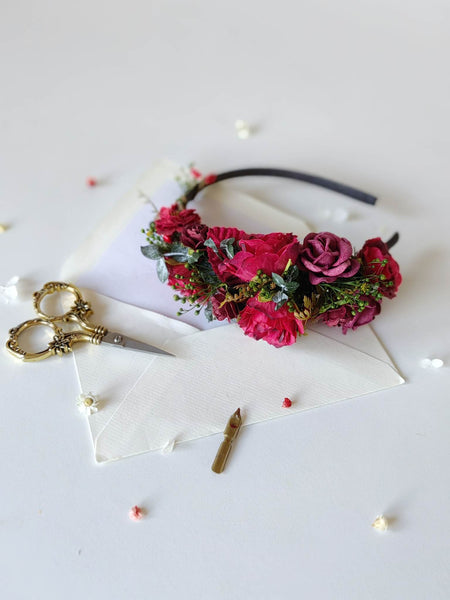 Dark red flower headband