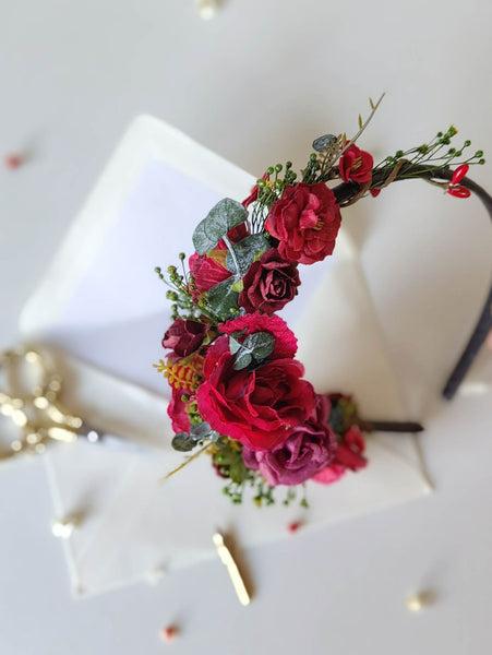 Dark red flower headband