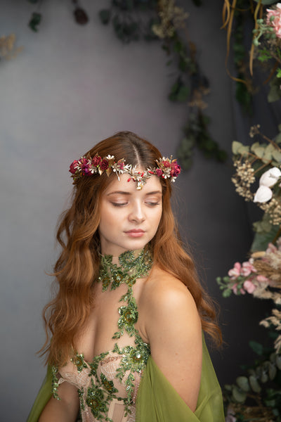 Golden and burgundy elven flower tiara