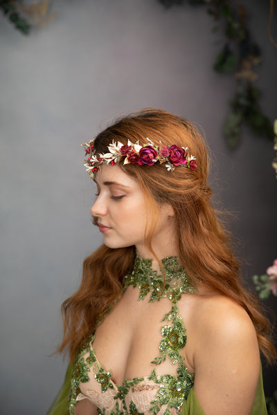 Golden and burgundy elven flower tiara