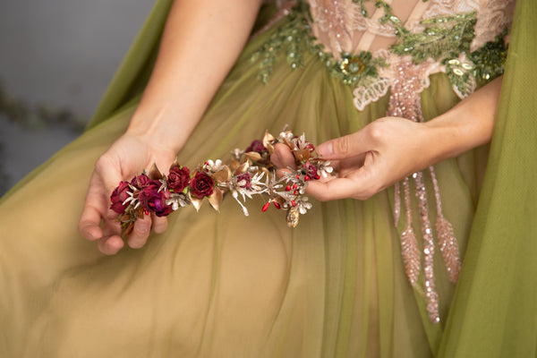 Golden and burgundy elven flower tiara