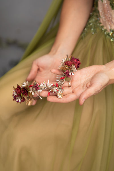 Golden and burgundy elven flower tiara