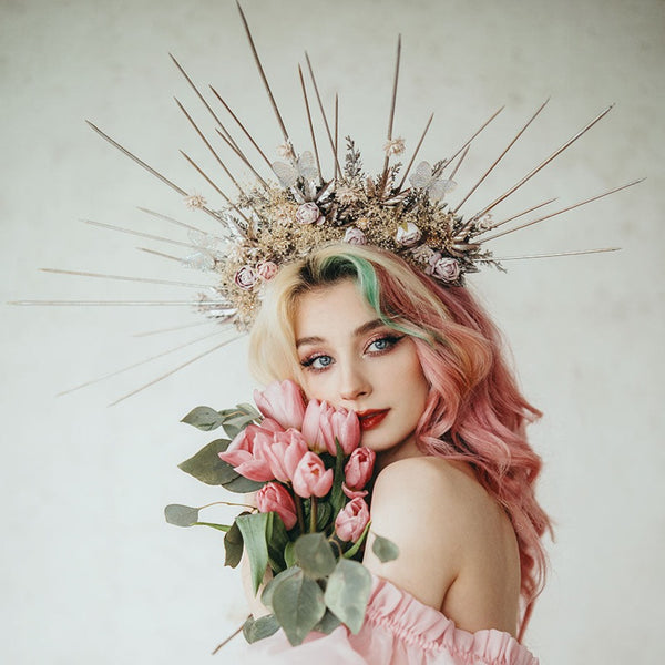 Romantic halo crown Pastel wedding crown Moon halo crown Met gala crown Bridal crown Sun ray crown Beyonce spiked crown Butterfly crown