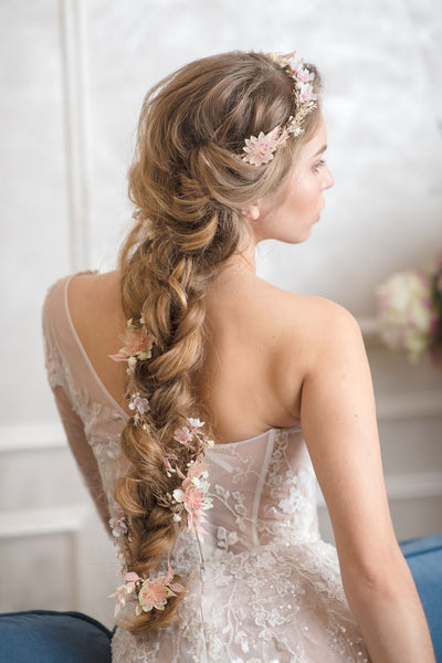 Blush wedding hair garland Bridal flower vine Ivory and pink flower headpiece Shapeable flower garland Flexible Bendable wreath Magaela