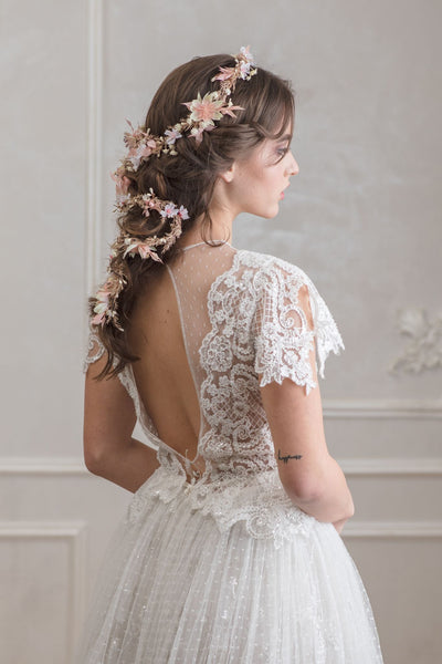 Blush wedding hair garland Bridal flower vine Ivory and pink flower headpiece Shapeable flower garland Flexible Bendable wreath Magaela