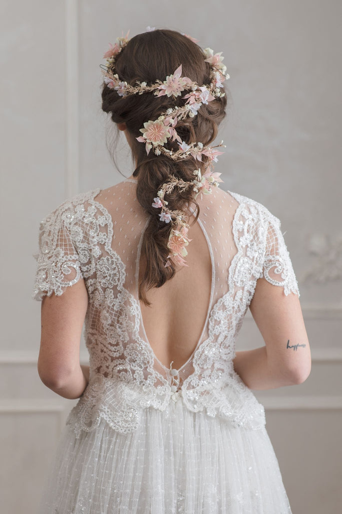 Blush wedding hair garland Bridal flower vine Ivory and pink flower he ...