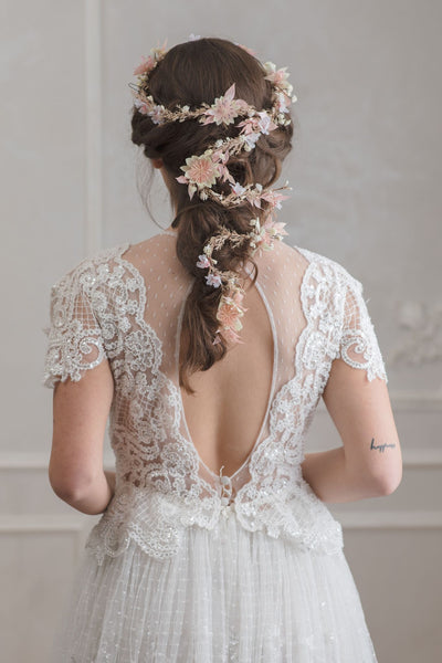 Blush wedding hair garland Bridal flower vine Ivory and pink flower headpiece Shapeable flower garland Flexible Bendable wreath Magaela