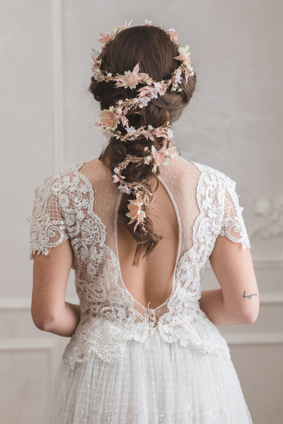 Blush wedding hair garland Bridal flower vine Ivory and pink flower headpiece Shapeable flower garland Flexible Bendable wreath Magaela