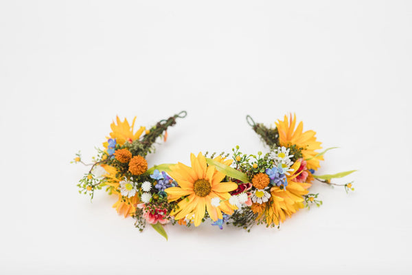 Spring bridal flower half wreath Yellow wildflowers crown Bride 2021 Meadow wedding accessories Hair flowers Magaela handmade Customisable