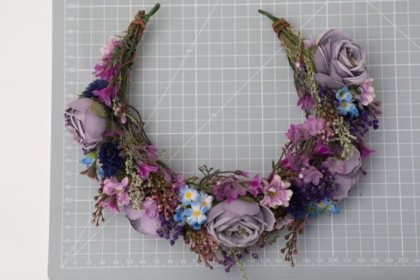 Dusty purple bridal crown Flower half wreath Purple flower headband Bridal hair flowers Violet wedding wreath Magaela Peony half wreath