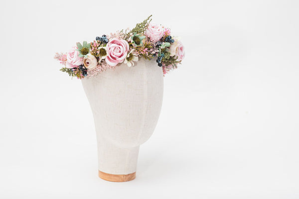 Peony flower wreath Pink bridal half wreath with blueberries Romantic hair crown Bridal half wreath Hair flowers inspo Magaela accessories