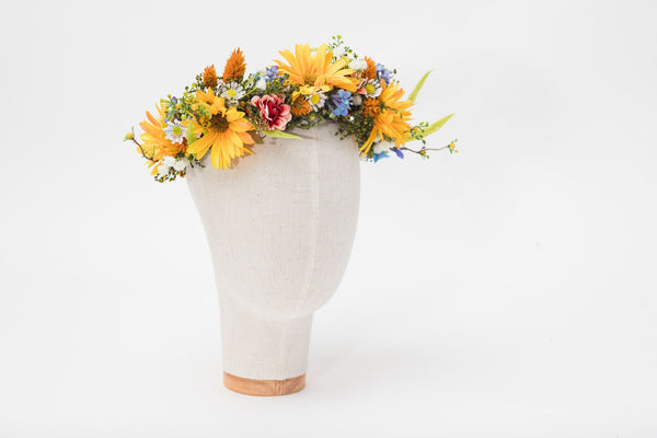 Spring bridal flower half wreath Yellow wildflowers crown Bride 2021 Meadow wedding accessories Hair flowers Magaela handmade Customisable