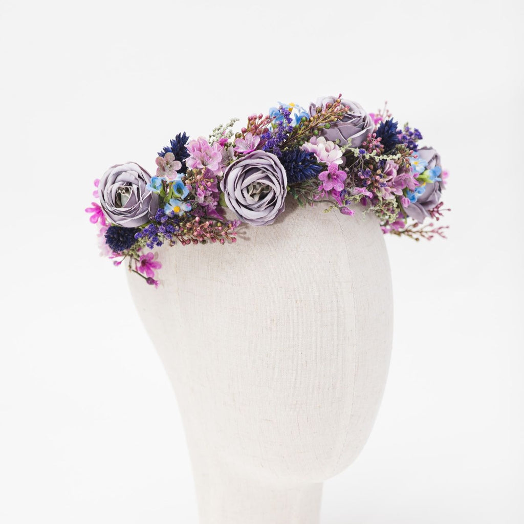 Dusty purple bridal crown Flower half wreath Purple flower headband Bridal hair flowers Violet wedding wreath Magaela Peony half wreath