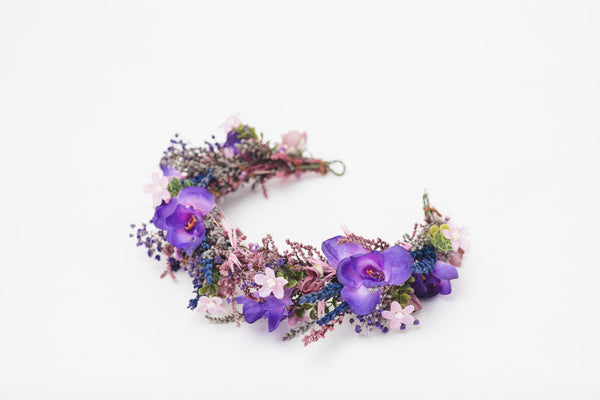 Purple flower half wreath Bridal freesia hair crown Wedding 2021 accessories for bride Magaela Preserved flowers Violet bridal hair flowers