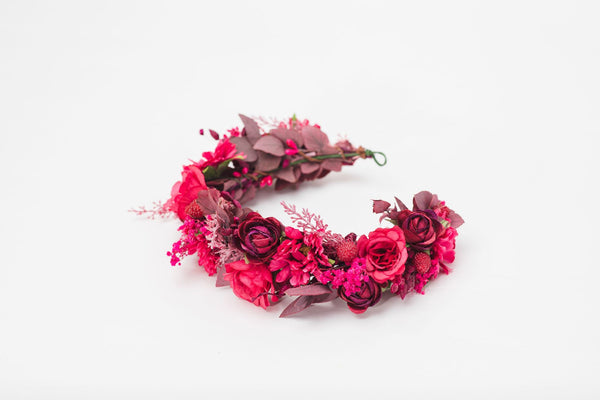 Magenta bridal flower crown Raspberry Wedding half wreath Pink 2021 Hair flowers Jewelry Hairstyle Unique hair wreath Customisable Magaela