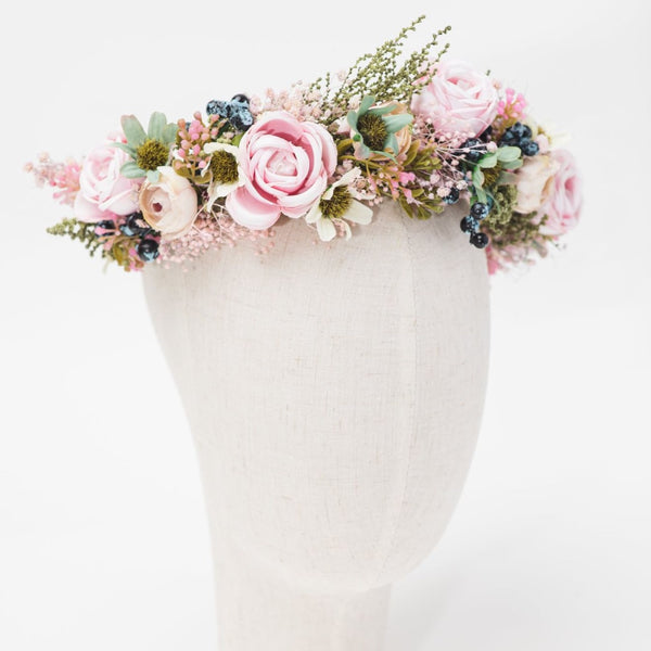 Peony flower wreath Pink bridal half wreath with blueberries Romantic hair crown Bridal half wreath Hair flowers inspo Magaela accessories